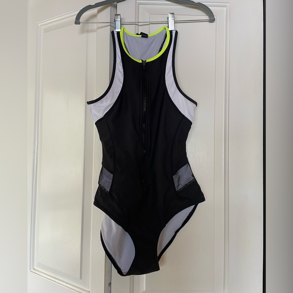 MPG Black and Gray Sleeveless Bathing Suit with Neon Accents Size medium